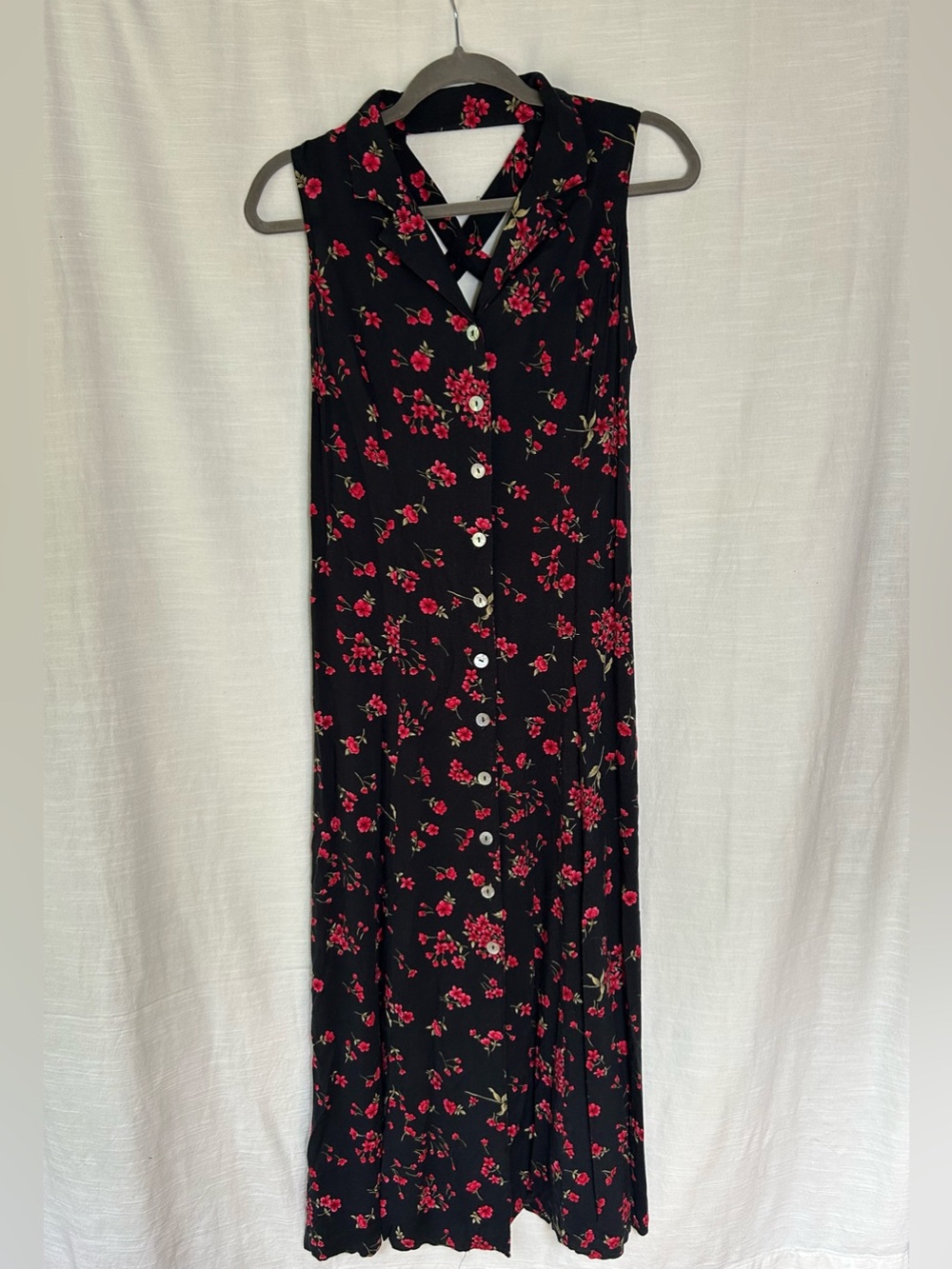True Vintage Circa 1990's Black Floral Button-Front Maxi Dress with Red Accents